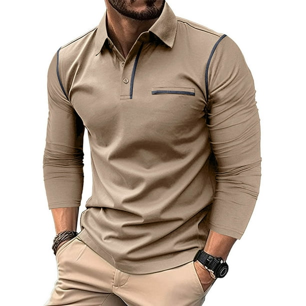 Blusa y camisa de manga larga con cuello vuelto para hombre, estilo casual, lisa, de manga larga, con cuello vuelto y botones, estilo jersey, para hombre, de poliéster, algodón y poliéster.