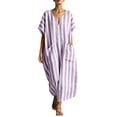 thumbnail image 2 of ClodeEU Women's Striped V Neck Short Sleeve Linen Blend Midi Dress, Casual Loose Swing Sundress with Pockets Purple,Women's Plus XXL, 2 of 7