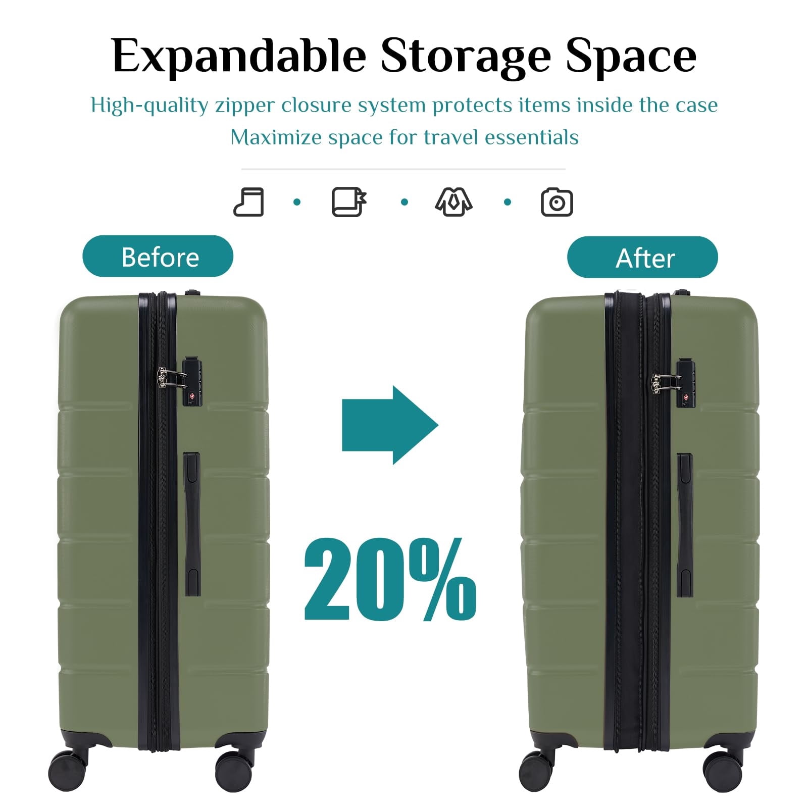 Kelno Large Checked Luggage with Spinner Wheels ABS Hard Shell Suitcase Expandable Rolling Luggage with TSA Lock, Green