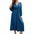 thumbnail image 1 of Sunloudy Vestido casual para mujer, cuello en V, manga larga, color sólido, cintura alta, plisado, vestidos largos con cinturón Sunloudy S M L XL, 1 of 8