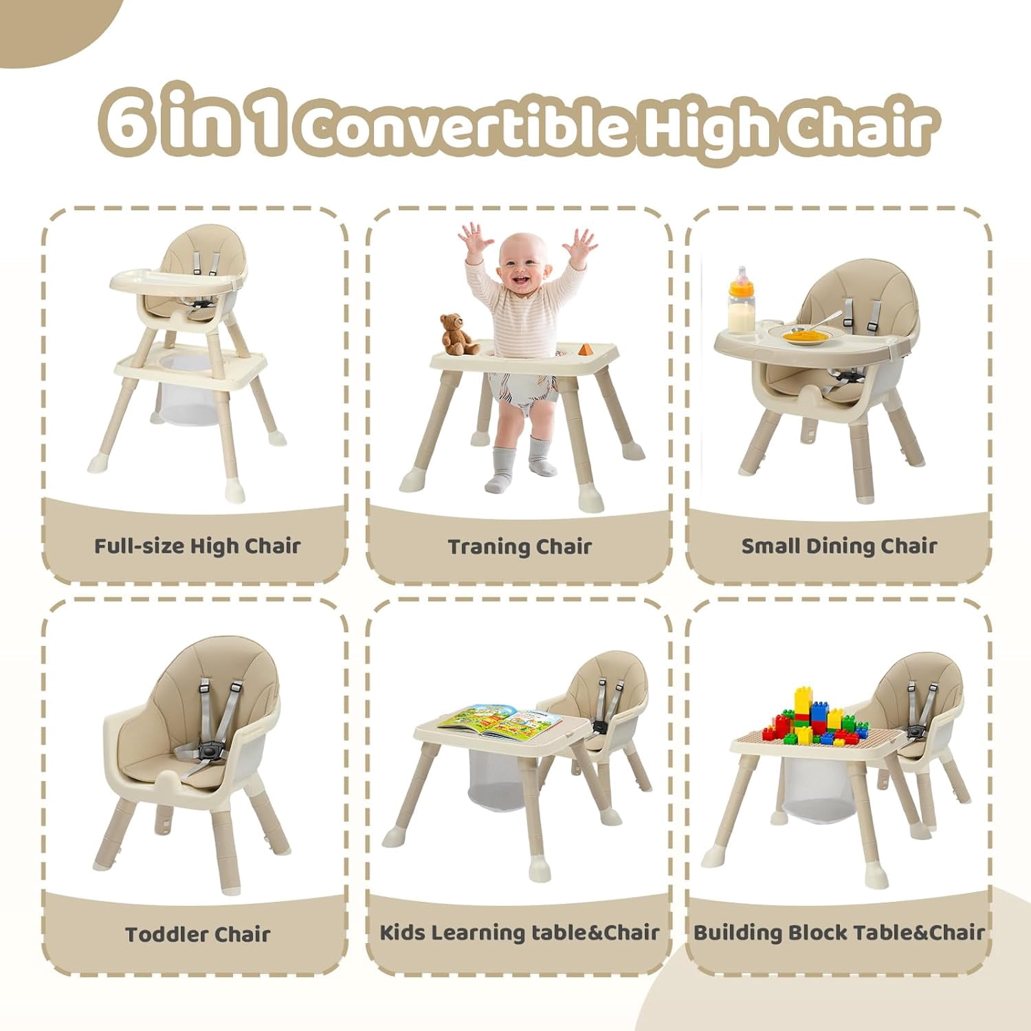 Zimtown Baby High Chair, 6 in 1 Convertible High Chairs for Babies and Toddlers, Portable Feeding Chair with 5-Point Safety Harness, Adjustable Dining Tray, Beige