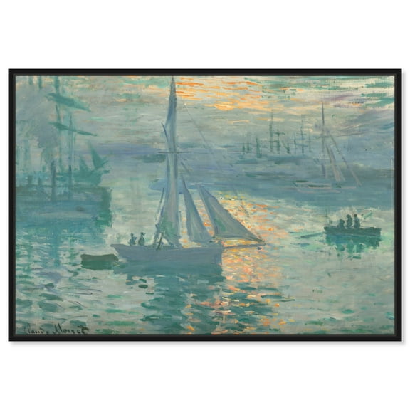 Monet-Sunrise Classic Monet Art Prints Canvas Wall Art by Art Remedy, Black Floater Frame, 20"x16"