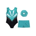 thumbnail image 5 of iiniim Kids Girls Dance Gymnastics Ballet Leotard Sparkly Rhinestones Bodysuit with Shorts Hair Band Blue Green 10, 5 of 7