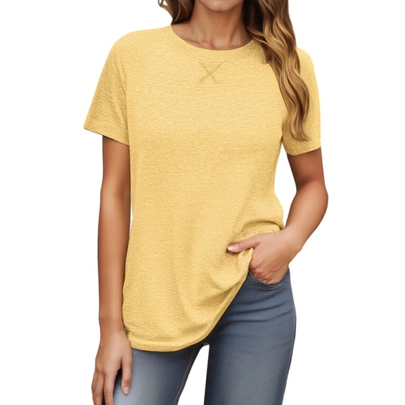 Rggeeun Women Tee Shirts Soft Short Sleeve Crew Neck Solid Color Loose Comfort Fit Casual Basic Top For Everyday Wear And Versatile Outfits,Yellow,Xxl