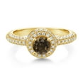 thumbnail image 2 of Gem Stone King 18K Yellow Gold Plated Silver Brown Smoky Quartz and White Moissanite Engagement Ring for Women (1.06 Cttw, Round 5MM, Available in Size 5, 6, 7, 8, 9), 2 of 6