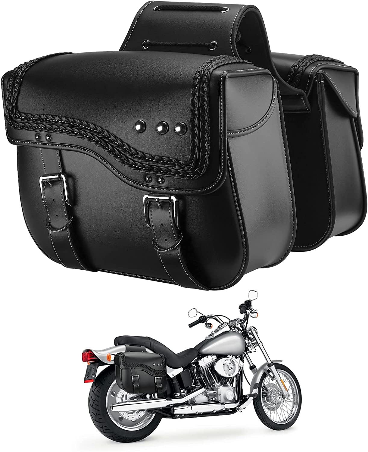 Buy Motorcycle Saddlebags, Synthetic Leather Side Bags 30L Double Strap Studded Saddle Bags for