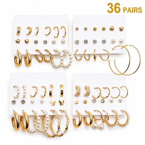 Kabuer Gold Hoop and Pearl Stud Earrings Set, Fashion Jewelry, 36 Pairs