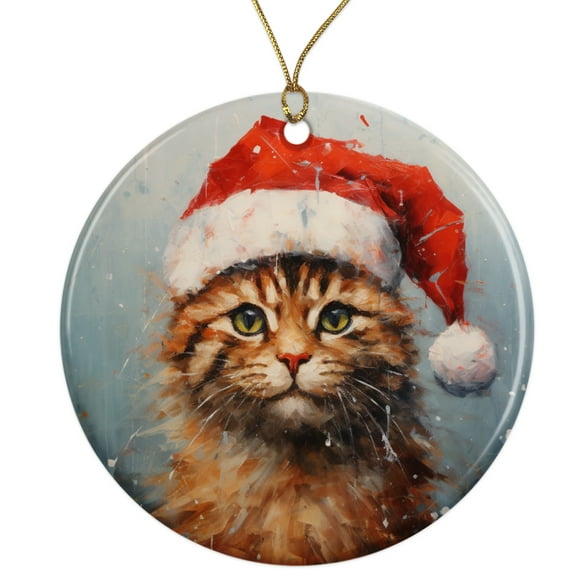Cat With Santa Hat Ceramic Ornament - Cute Cat Ornament For Cat Owner Lover Gift - 3 Inch Christmas Tree Round Ornament - Xmas Holiday Decor - String Included - ORN0024