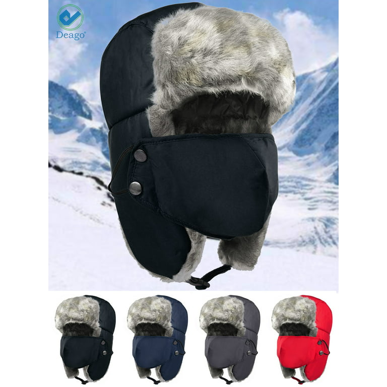 Deago Trapper Hat Winter Ski Hat Face Masks Windproof Fleece Warm Russian  Earflap Caps Hunting Hats for Men Women (Navy Blue)