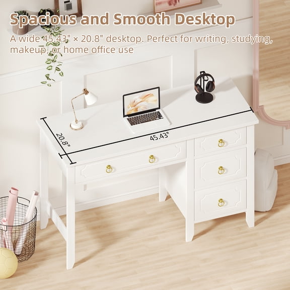 DreamCurship White Desk with 4 Drawers, Computer Desk with Storage, Home Office Desk for Small Spaces, Modern Makeup Vanity Dressing Desk, White
