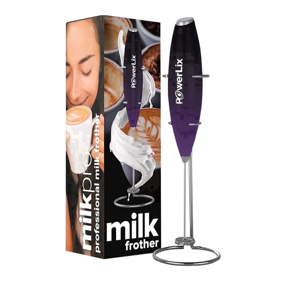 Powerlix Electric Handheld Milk Frother with Stainless Steel Stand, Battery Operated, Black Purple Ombre