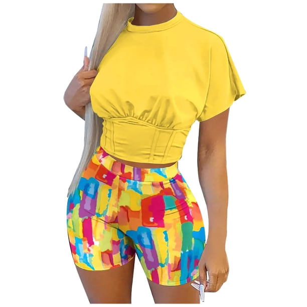 Traje de cintura con estampado floral de verano para mujer Traje casual de dos piezas a la moda Wmkox8yi bvn969