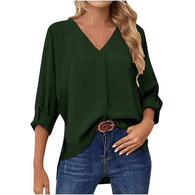 Mujeres Casual Moda Cómodo Jersey Manga Larga Con Cuello En V Blusas Soild Camiseta Pompotops FGAJ15302