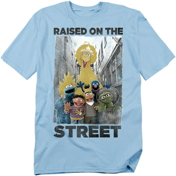 Sesame Street Distressed Raised On The Street Unisex Adult T Shirt (Medium) Light Blue