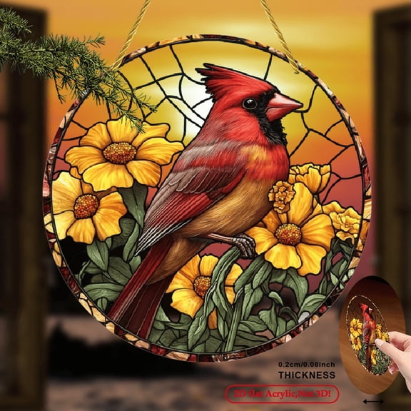 2D Flat, 1pc Cardinal Yellow Flowers Sun Catcher - 8inch Round Acrylic Window Hanging Decor, Stained Glass-Style Vibrant Red Bird Floral Design for Garden, Living Room, Porch, Bedroom