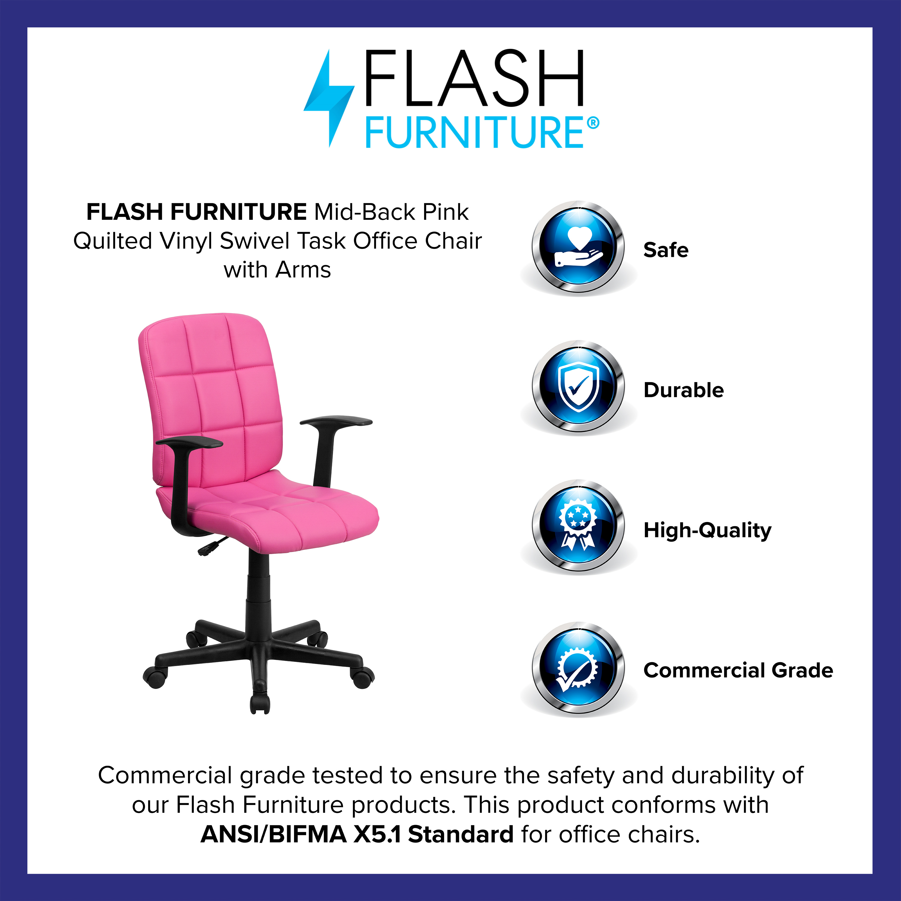 Flash Furniture Mid-Back Pink Quilted Vinyl Swivel Task Office Chair with Arms - image 4 of 13