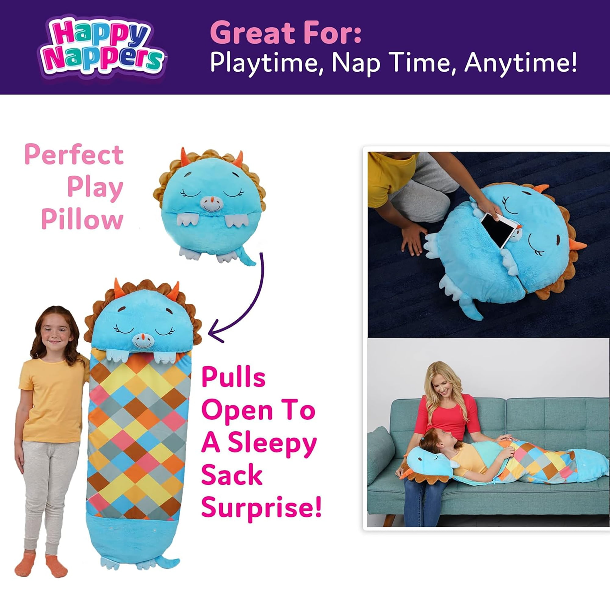 Happy Nappers: Pillow & Sleepy Sack: Medium - Triceratops Timmy - 54 x 20", 2-In-1: Plush Dinosaur Opens Into Sleeping Bag, Soft, Play & Nap, Kids 3+