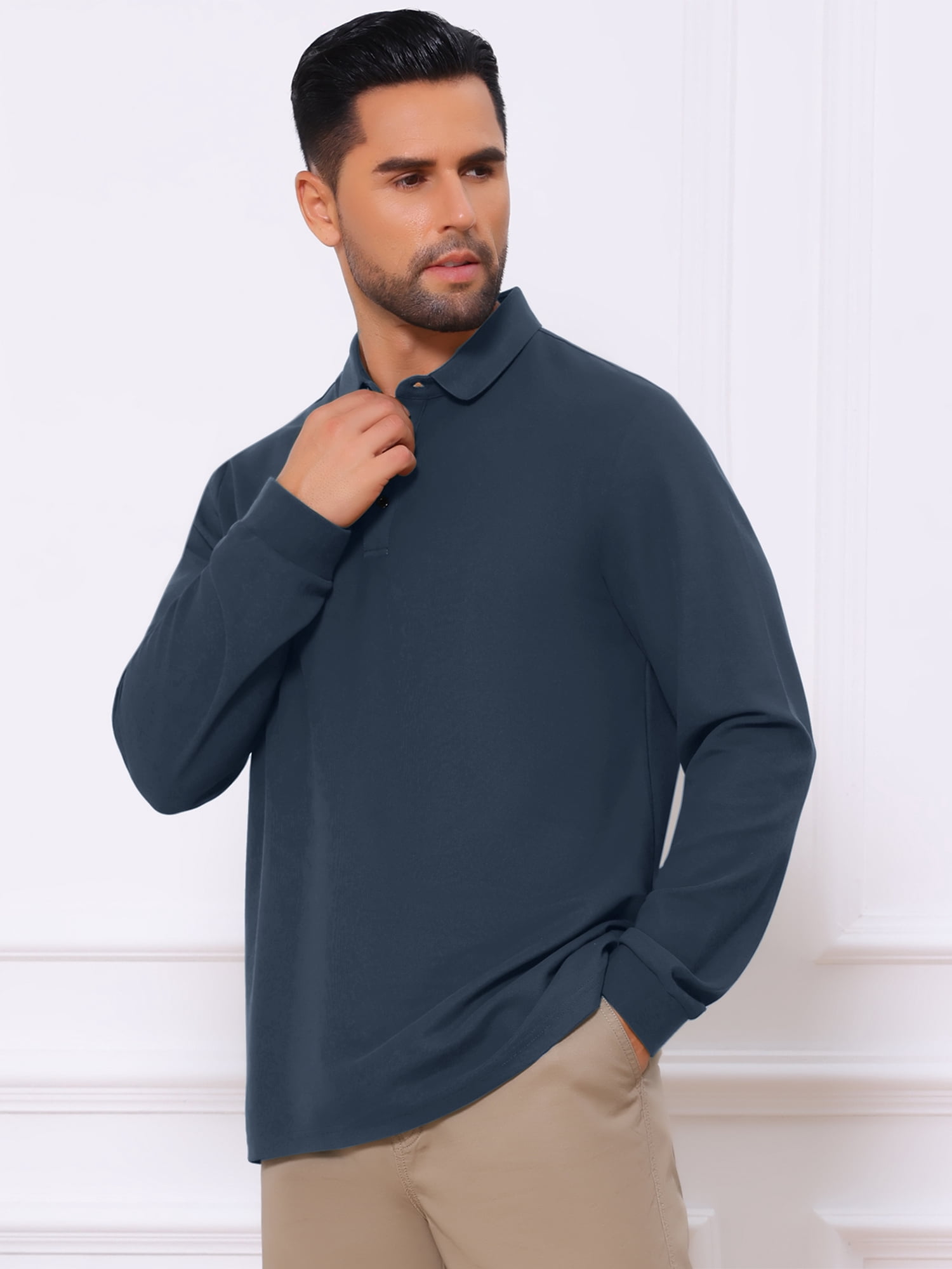 DARING DIVA Men's Classic Solid Color Long Sleeves Basic Golf Polo T-Shirts L Dark Blue