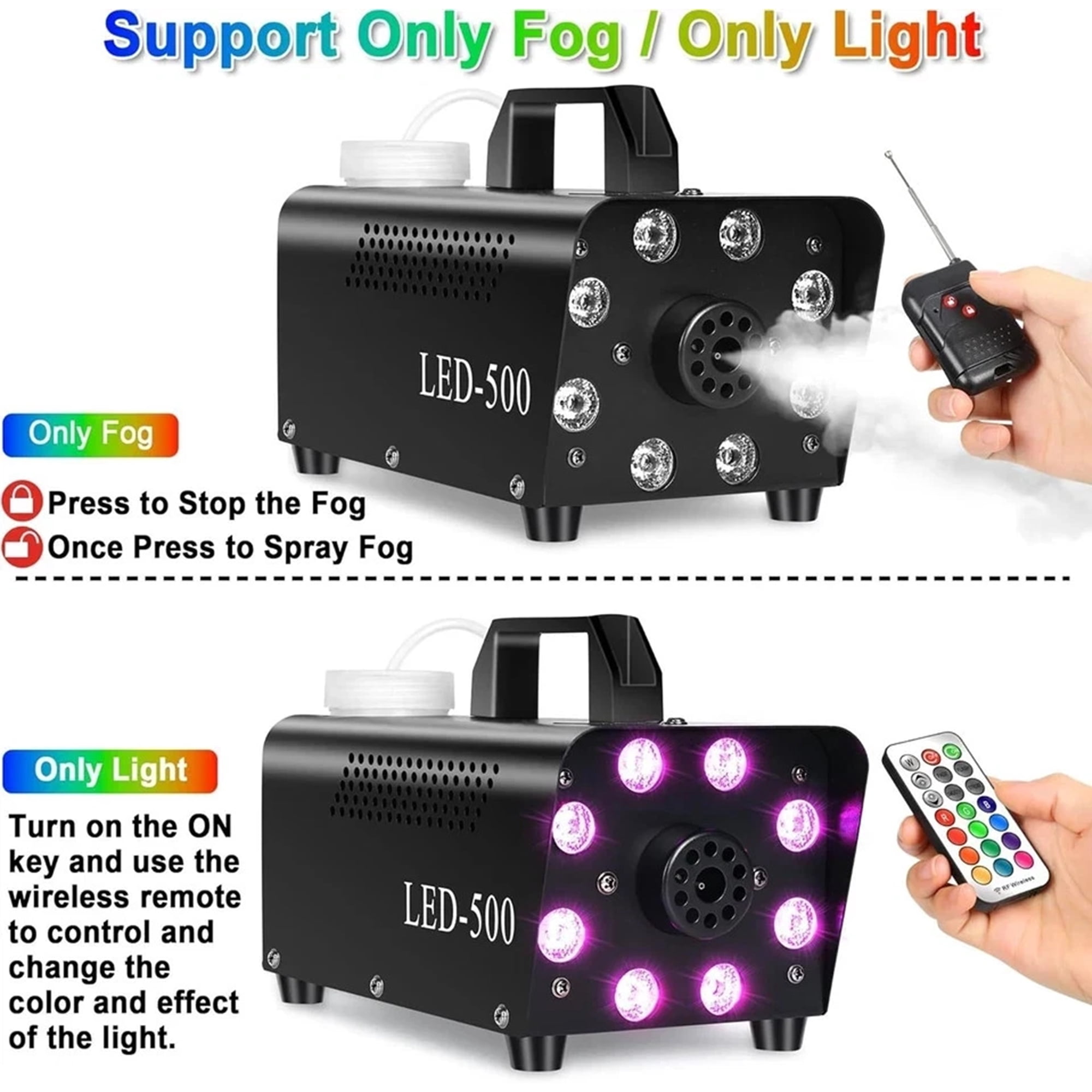 Fog Machine, Smoke Machine with 8 LED Lights 13 Colorful Effect, Wireless & Wired Remote Control, Perfect for Halloween, Wedding, Party and DJ Stage Effect