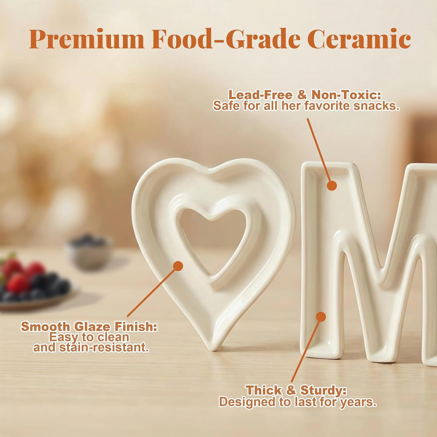 Mother’s Day & Birthday Gifts for Mom - Ceramic "MOM" Letter Candy Dishes & Charcuterie Board Set with 12 Gold Serving Utensils & 3D Greeting Card - Unique Table Decor for Party & Afternoon Tea