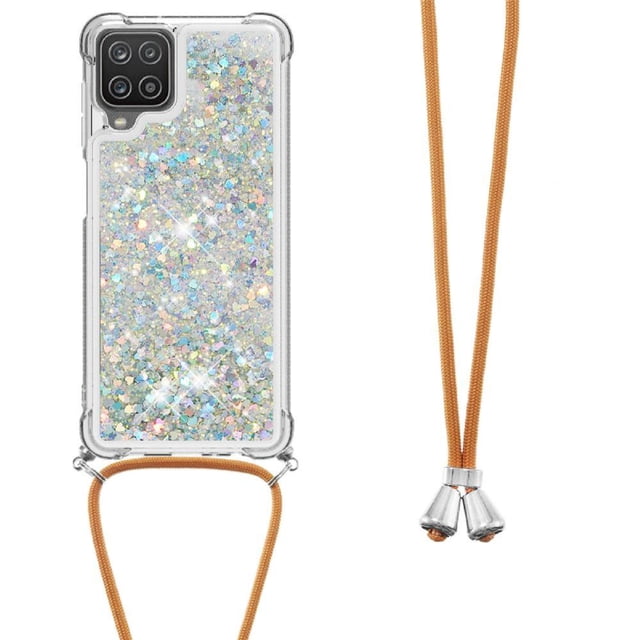 Funda FOXDOCK para Samsung Galaxy A12 con Cuerda Ajustable, Brillo Líquido, Protección Antigolpes y Lente – Ideal para Regalo