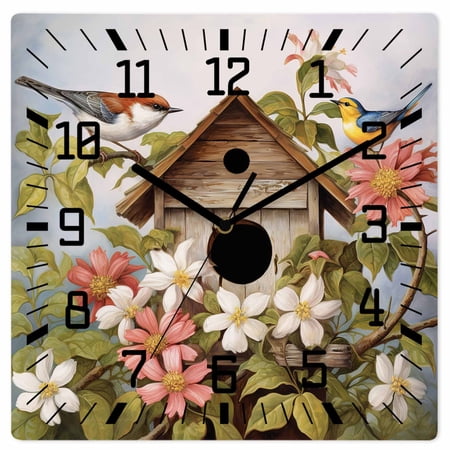 Birdhouse Vintage Wooden Wall Clock Silent Non Ticking, Spring Floral Birds Botanical Square Wall Clocks Battery Operated, Decor Clock for Home Office, Living Room, Kitchen, 10 Inch