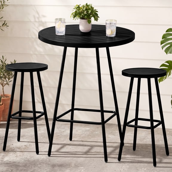 Best Choice Products 3-Piece Steel Patio Bar Height Round Bistro Set w/ Backless Stools, Slatted Design - Black