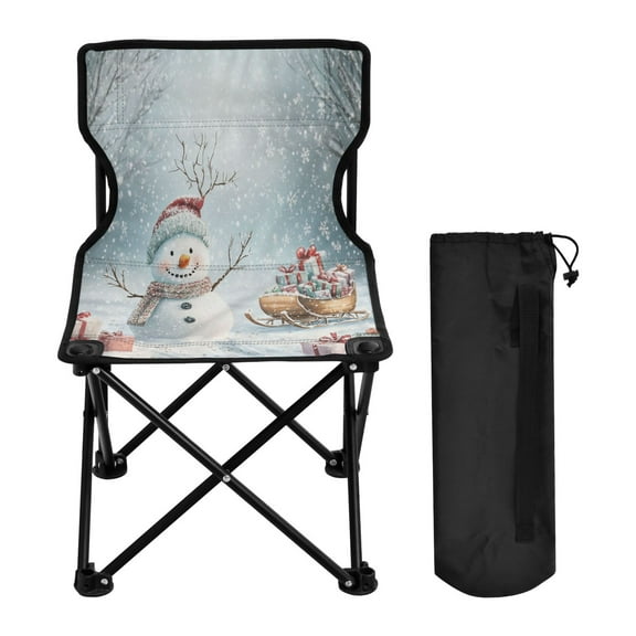 WOBOGO Snowman Next To A Sleigh Full Of Presents Camping Chair Convenient Four Corner Backrest Folding Stool Can Hold Up to 220lbs