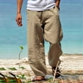 thumbnail image 2 of LNWUY Mens Casual Linen Pants Loose Fit Elastic Drawstring Waist Straight Leg Hippie Trousers Solid Summer Yoga Beach Long Pants Khaki L, 2 of 3