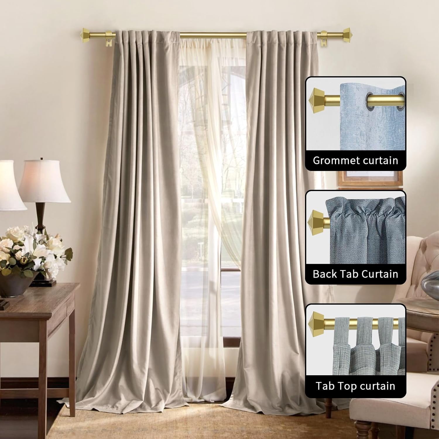 eTeckram 5/8" Double Curtain Rod with Chiodo Finials,Gold,28‘’-48‘’