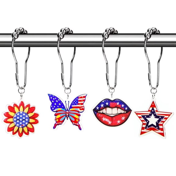 12Pcs Patriotic Shower Curtain Hooks, 4th of July Independence Day Acrylic Curtain Hangers, Decorative Flag Pattern Hooks for Bathroom Bedroom Living Room Home Decoration