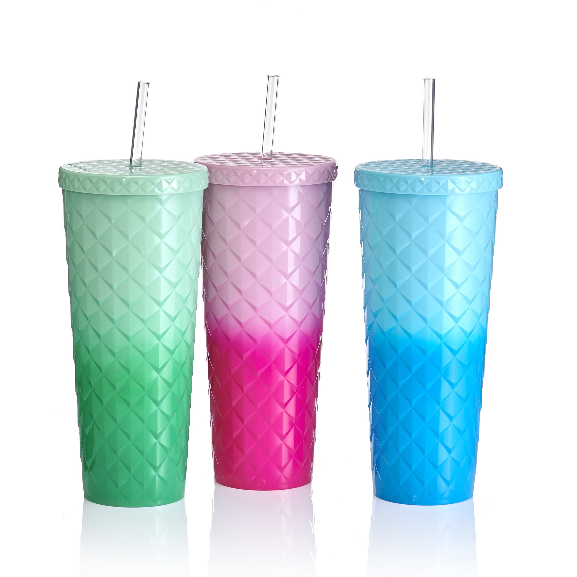 Mainstays 26oz Diamond Scale Textured Plastic Tumbler with Straw, Ombre Pink, Double Wall Insulated