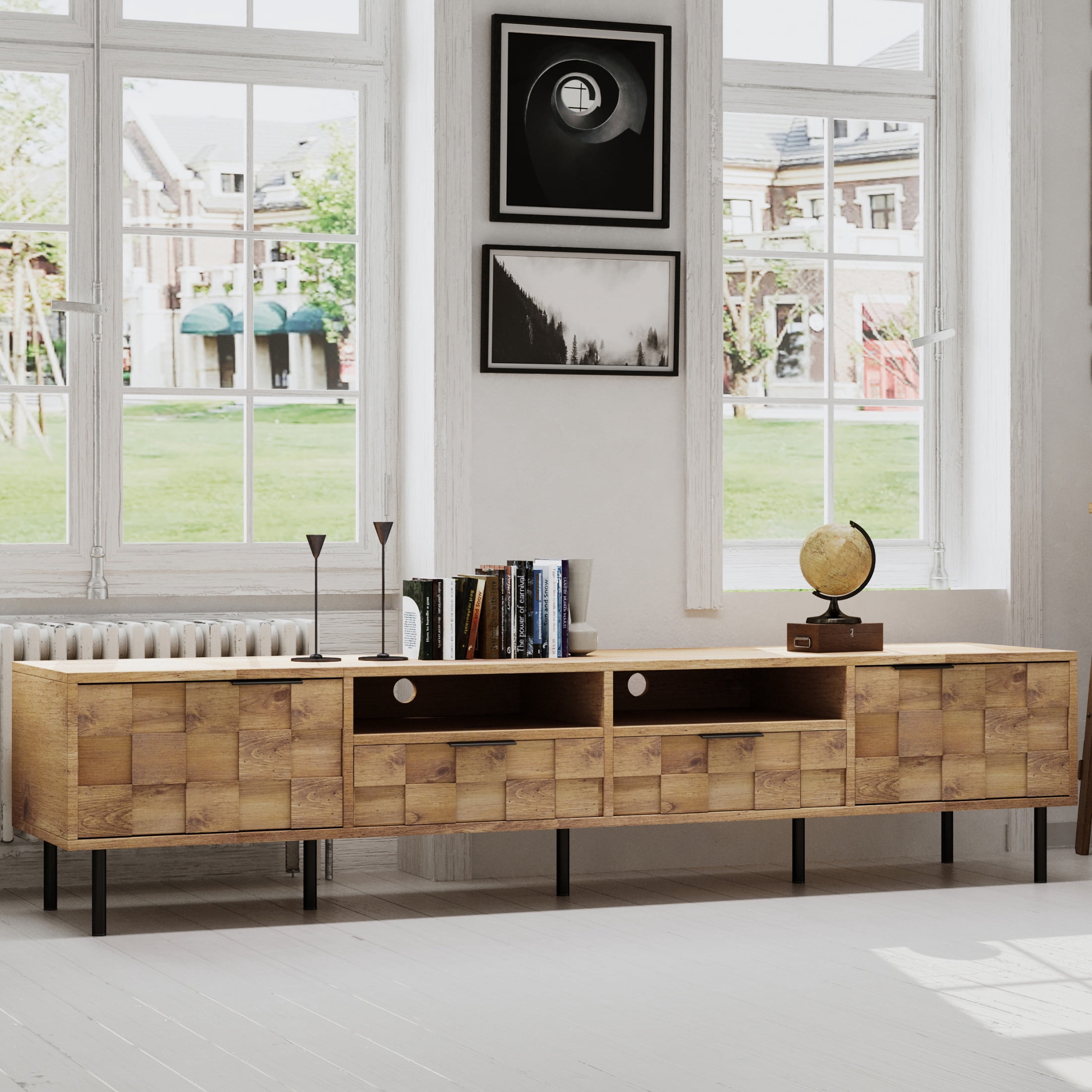 Noble House TV Stand for TVs up to 85 Inch with 2 Drawers and Storage Cabinets, Natural