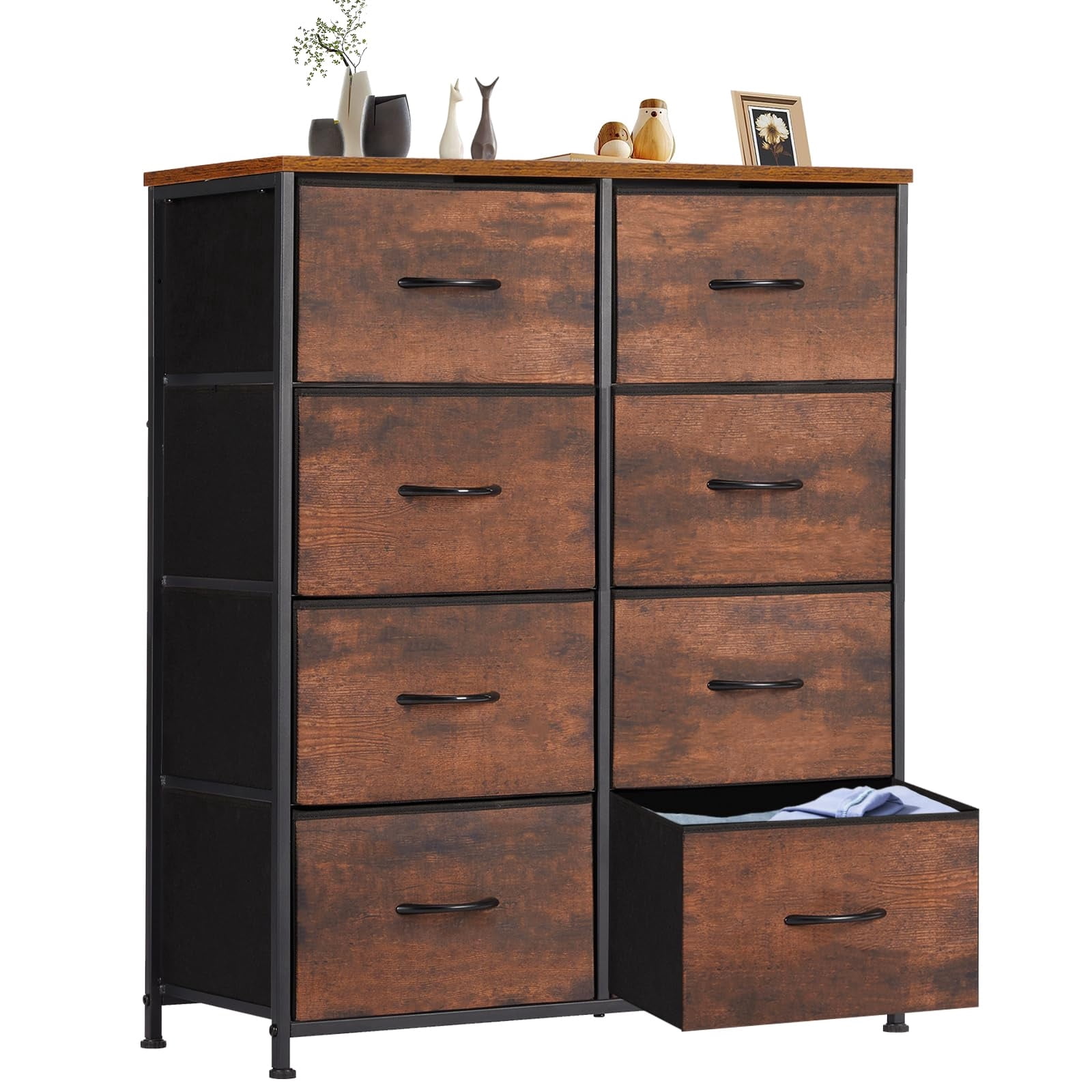 Telyra 8-Drawer Fabric Dresser Tall Storage Tower with Wood Top and Steel Frame Bedroom Closet Organizer, Rust