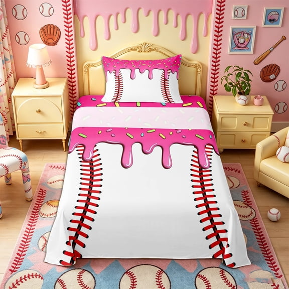 Castle Fairy Pink Ice Cream Drip Twin Sheets 3pcs, Sport Theme Bedding,1 Fitted Sheet, 1 Flat Sheet and 1 Pillowcase