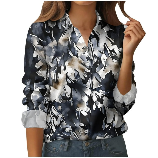 Striped Blouses for Womens Henley Neck Button Down Tunics Tops Puffed 3/4 Sleeves Sweaters Relaxed Fit Sweater Pullover Sweater Blouses Fall Winter Outfits