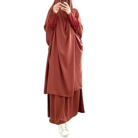 

Womens 2 Pieces Muslim Prayer Dress Long Sleeve Hijab Scarf Khimar and Skirt Set Islamic Abaya Full Length Kaftan Robe