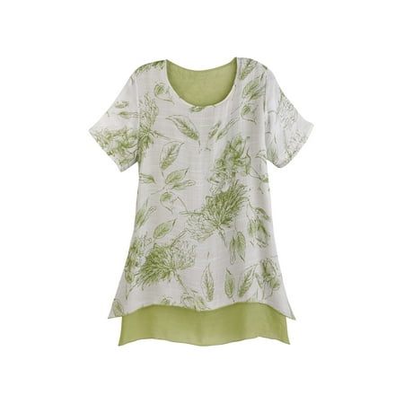 Fashion Cage Women's Green Leaves Tunic Top-Short Sleeve Hi-Lo Hem Layered Shirt