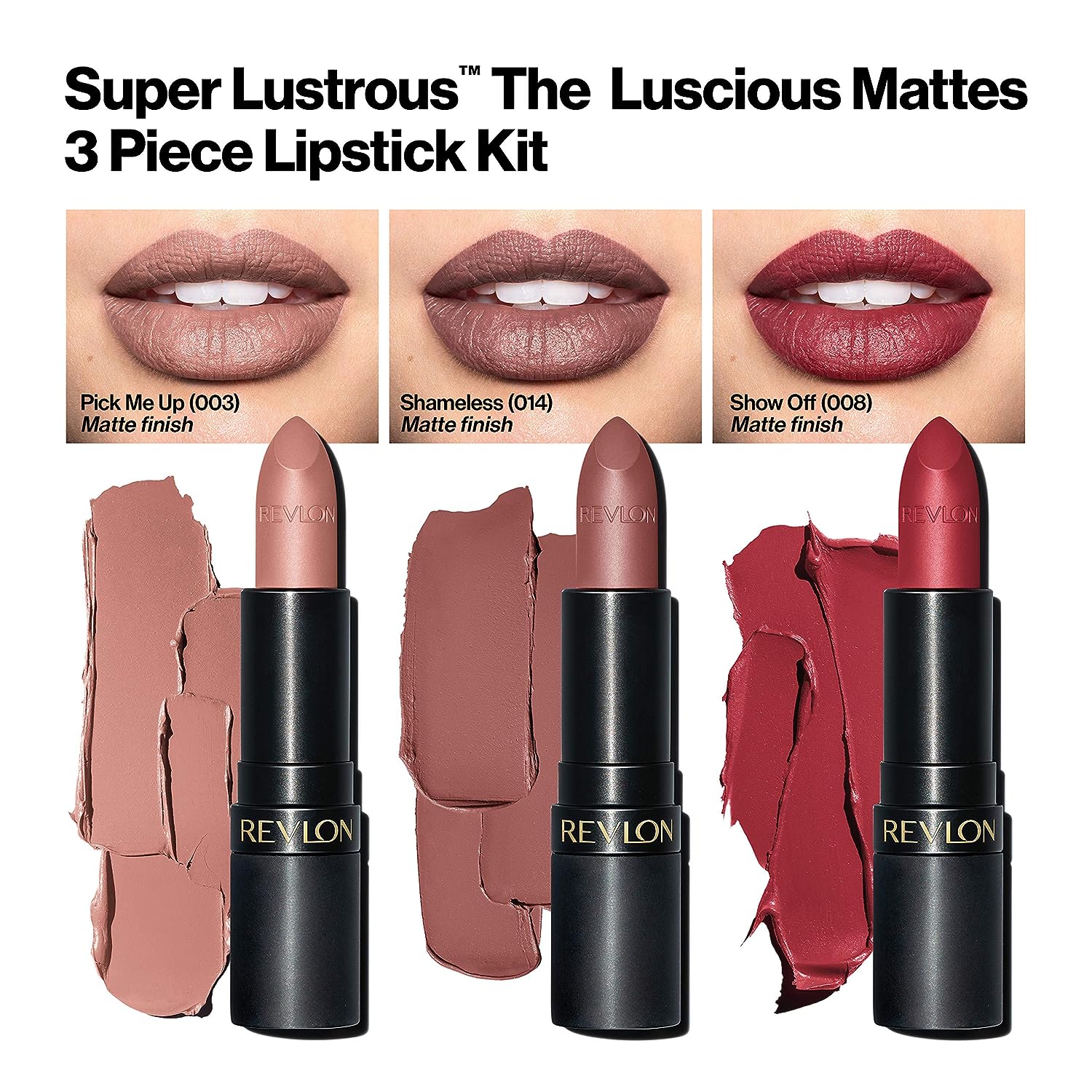Revlon Lipstick Set, Super Lustrous 3 Piece Gift Set, High Impact, Matte Finish in Nude Plum  and  Red, Pack of 3