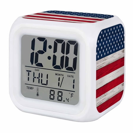Wooden American Flag Digital Alarm Clock for Bedrooms,Smart LED Alarm Clock with 7 Color Night - f