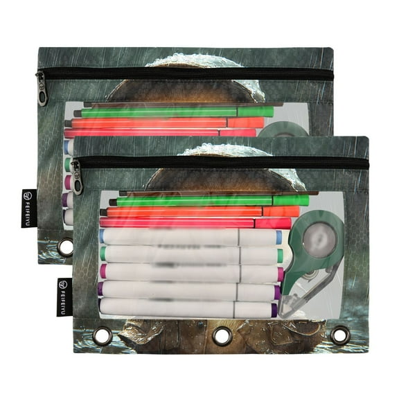 2 Pack Pencil Pouch for 3 Ring Binder Smooth Zipper Folders with Pockets Clear Window Pencil Case Duck with Raincoat and Cap