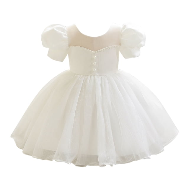 Robe de Princesse pour Filles, Robe de Fête d'Été à Manches Courtes, Col Rond, en Maille, Couleur Unie, avec Manches Bouffantes et Jupe Évasée, Bleu 80