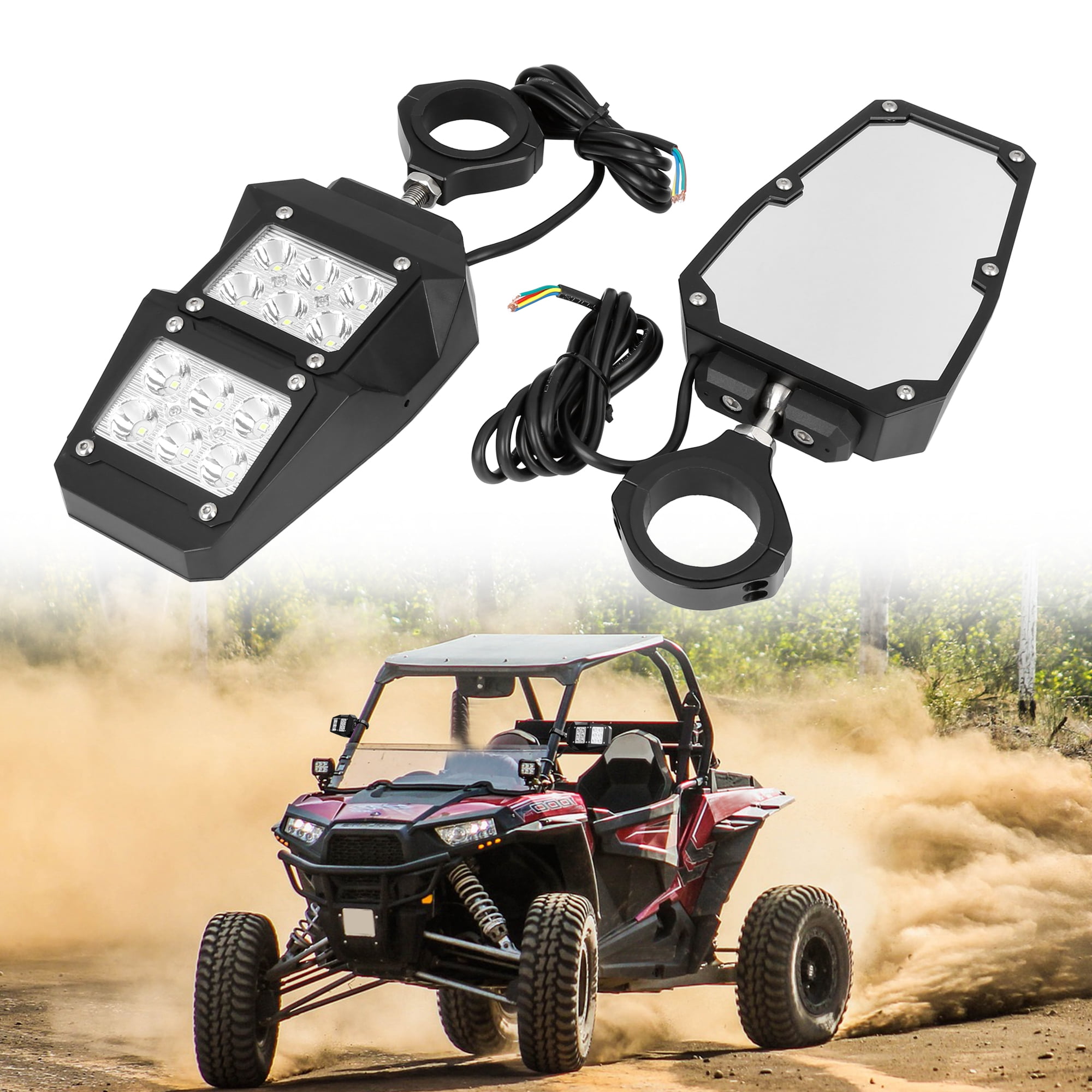 Unique Bargains 1.75" Round Roll Cage 6.3" UTV Rear View Mirror w Light Black for Yamaha