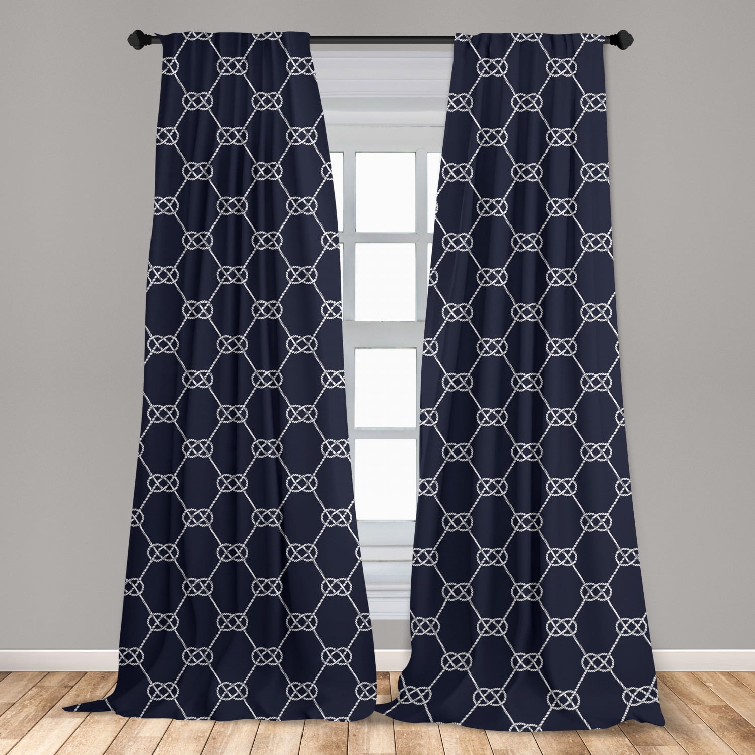 Navy Blue Curtains 2 Panels Set, Navy Inspired Sailor Knot Rope Pattern