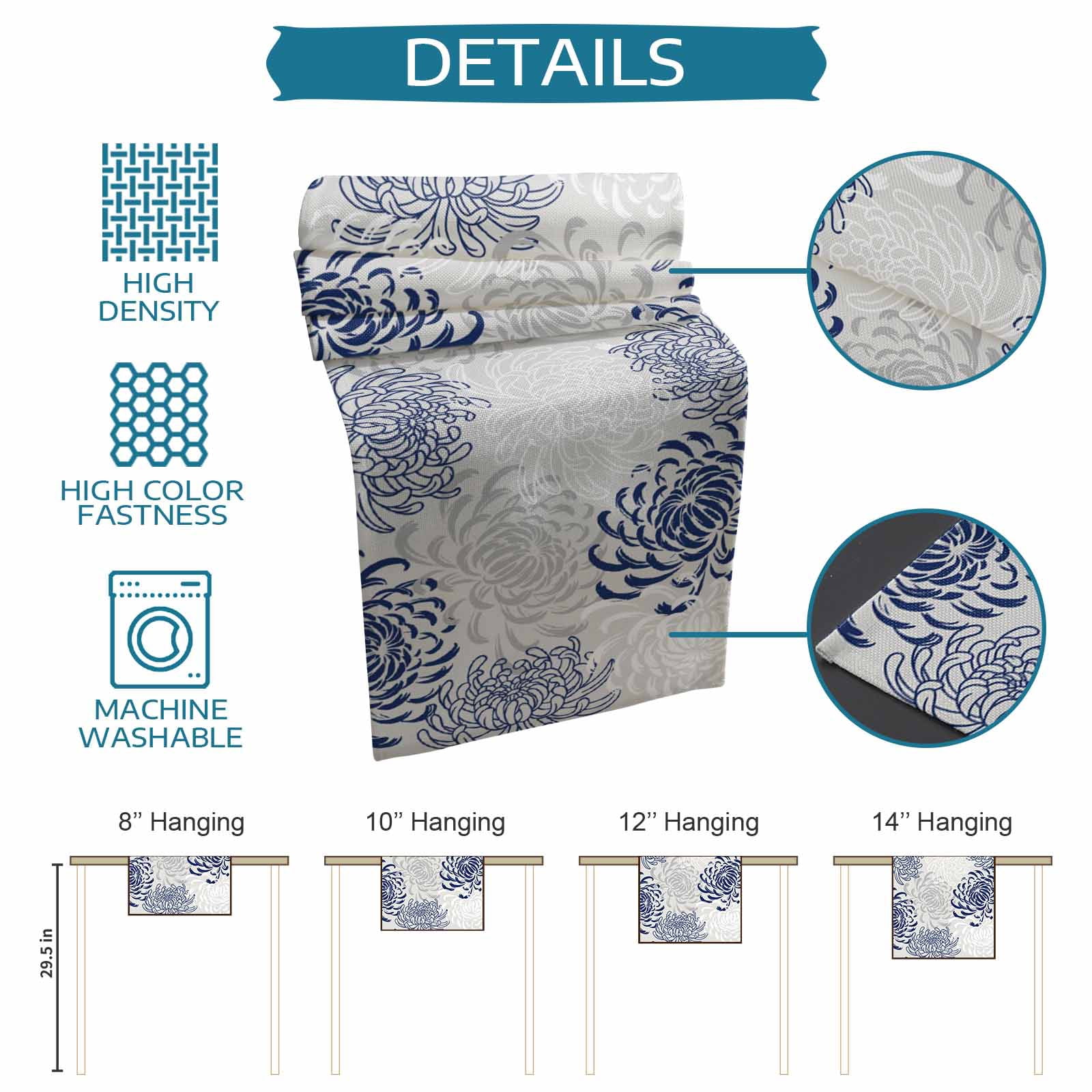 Table Runners 72 Inches Long Dress Scarves, Blue White Farmhouse Kitchen/Dining Table Runner, Coffee Tablerunners, Abstract Grey Chrysanthemum Flower Floral 13x72 Inch