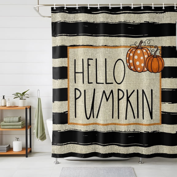 Shower Curtains for Bathroom, Hello Fall Waterproof Fabric Shower Curtain, Thanksgiving Orange Pumpkin Black Stripe Decorative Bathroom Curtain for Bathtub, 36"x72", No Hooks Included