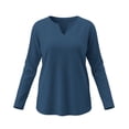 thumbnail image 7 of Xaqiouau Women's V-Neck Long Sleeve T-Shirt Solid Color Relaxed Fit Basic Top Stretch Casual Base Layer Shirt Spring Fall Everyday Wear Versatile Staple Navy S, 7 of 7