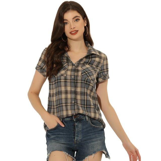 CamiDe Cuadros Estilo Western De Algodón Clásico Con Botones PaMujer Marrón claro L