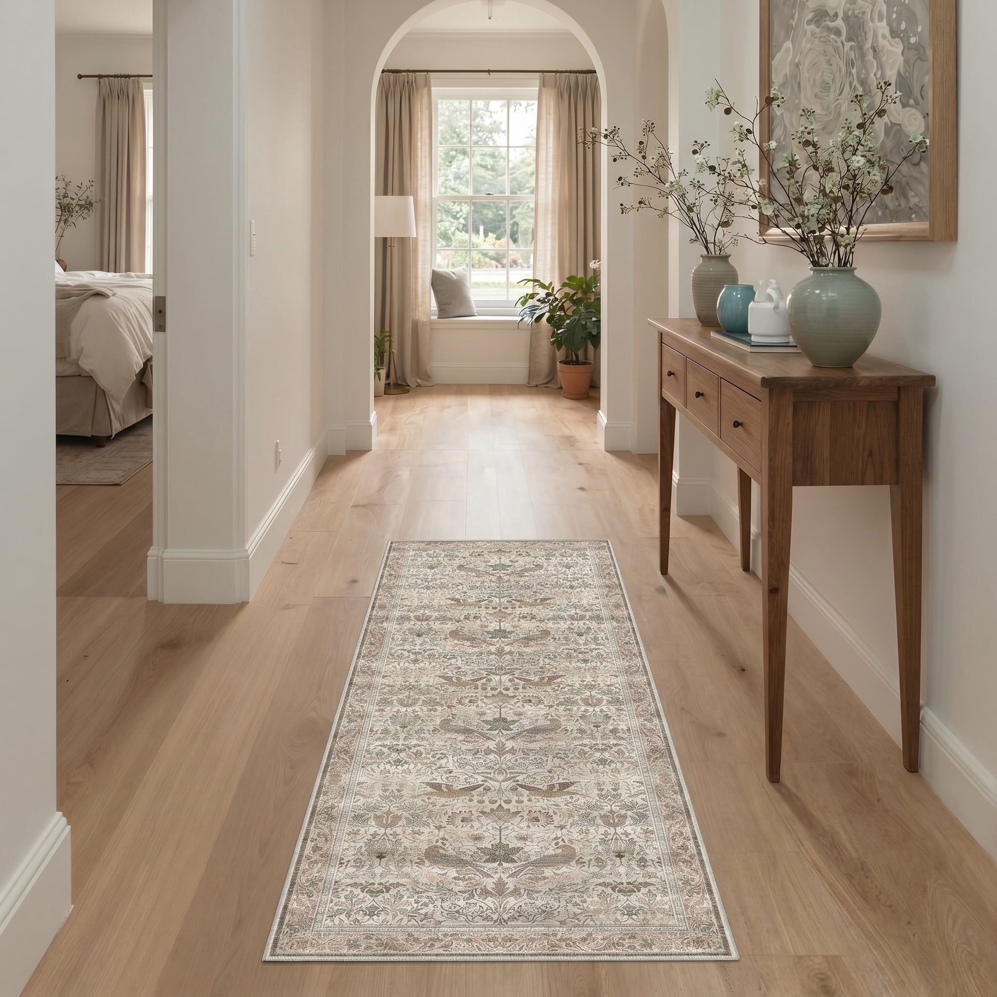 KUETH 8'x10' Vintage Floral Area Rugs for Living Room, Non Slip Machine Washable Forest Bird Rug, Low Pile Print Rug for Bedroom Dining Room Home Office