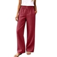 thumbnail image 2 of Cagogo Women Plus Size Wide Leg Elastic Waist Trousers with Pockets Casual Loose Long Pants Travel Work Lounge Bottoms Summer Beachwear, Red M, 2 of 6